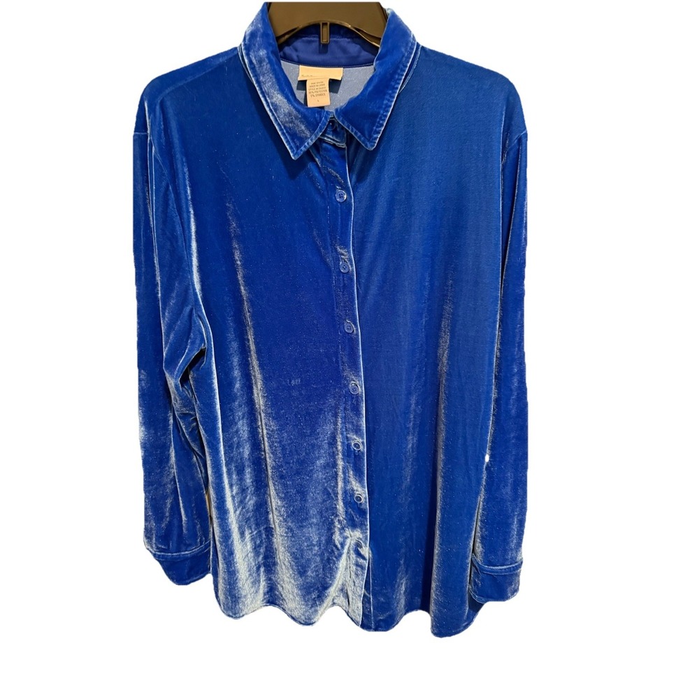 Soft Surroundings Shirt‎ 36031 royal blue velour button up L